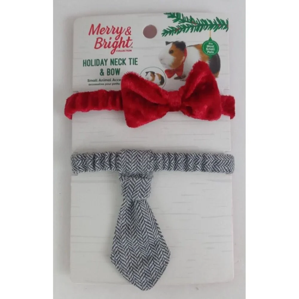 New Merry & Bright Holiday Neck Tie and Bow for Small Animals Guinea Pig